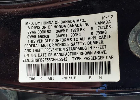 2012 Honda Civic Lx из США, поврежденный, VIN 2HGFB2F55CH608942